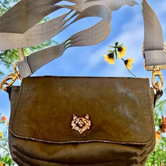 Sous les Pavés Paris SLP Green Lambskin Handbag Crossbody Web Strap Bronze Cat - Picture 2 of 15